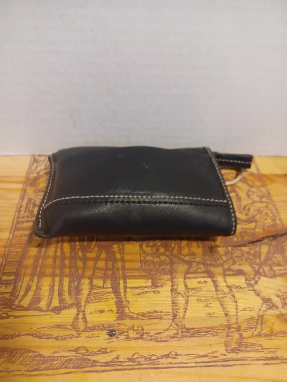 COACH CARD CASE BLACK LEATHER SIGNATURE STITCHING SLIM WALLET ZIPPER KEY RING